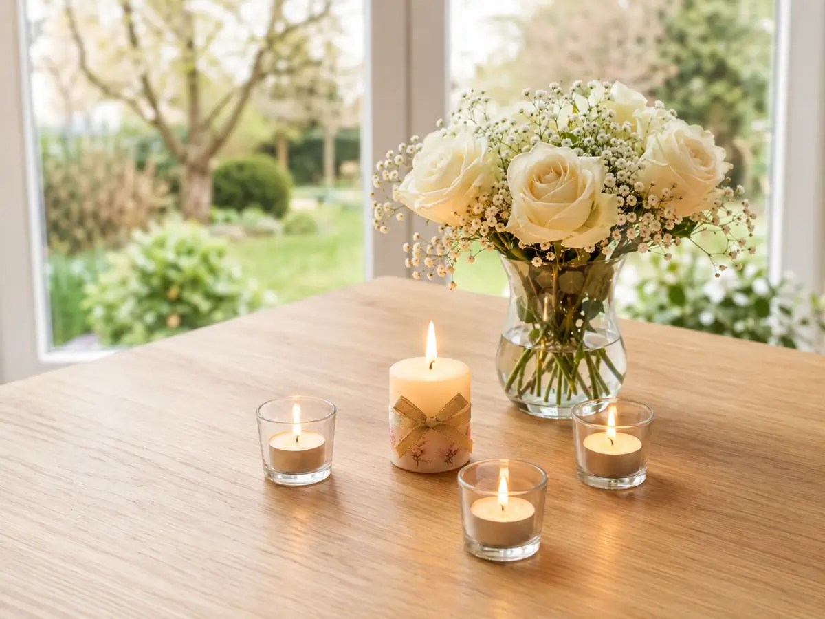 Tisch mit Rosen und Kerzen